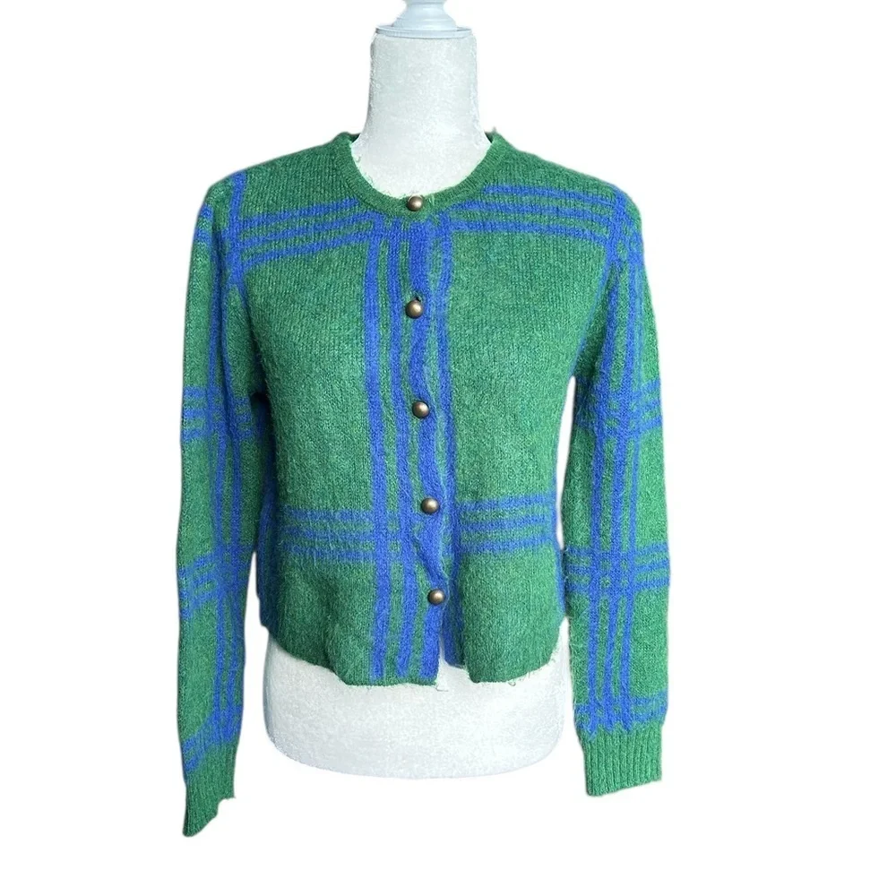 Simons Plaid Knit Button-Up Cardigan – Green & Blue. S/M - Picture 4 of 15